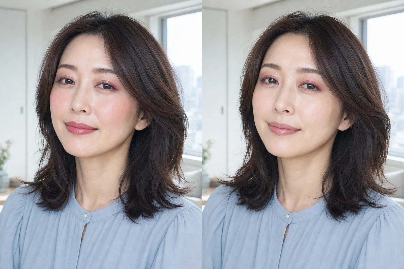 同じ成人女性で目元・頬・唇へローズを重ねたメイクと目元を主役に色量を抑えたメイクを左右に並べた比較