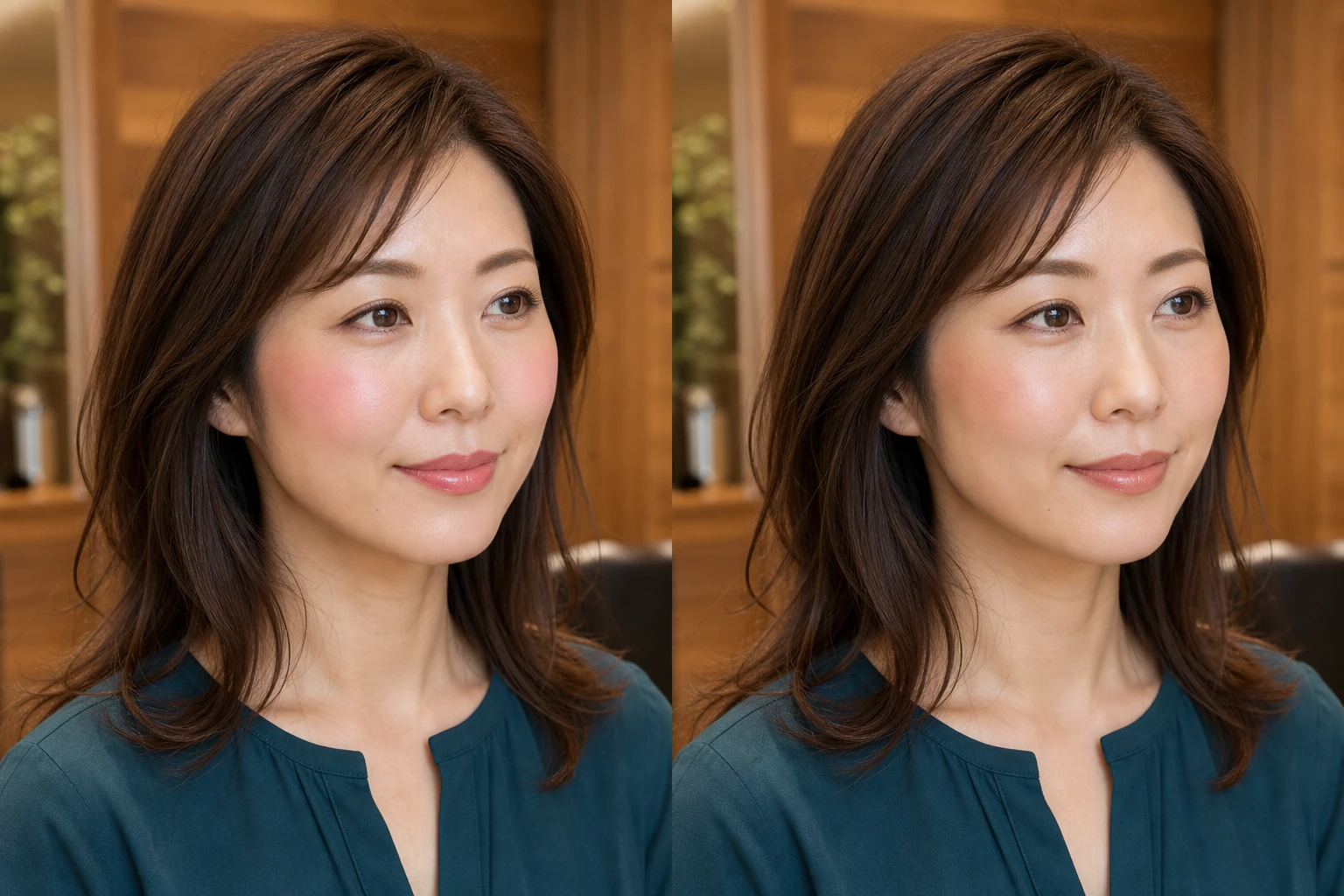 同じ成人女性で丸い明るめピンクのメイクとベージュローズを使った落ち着いたメイクを左右に並べた比較