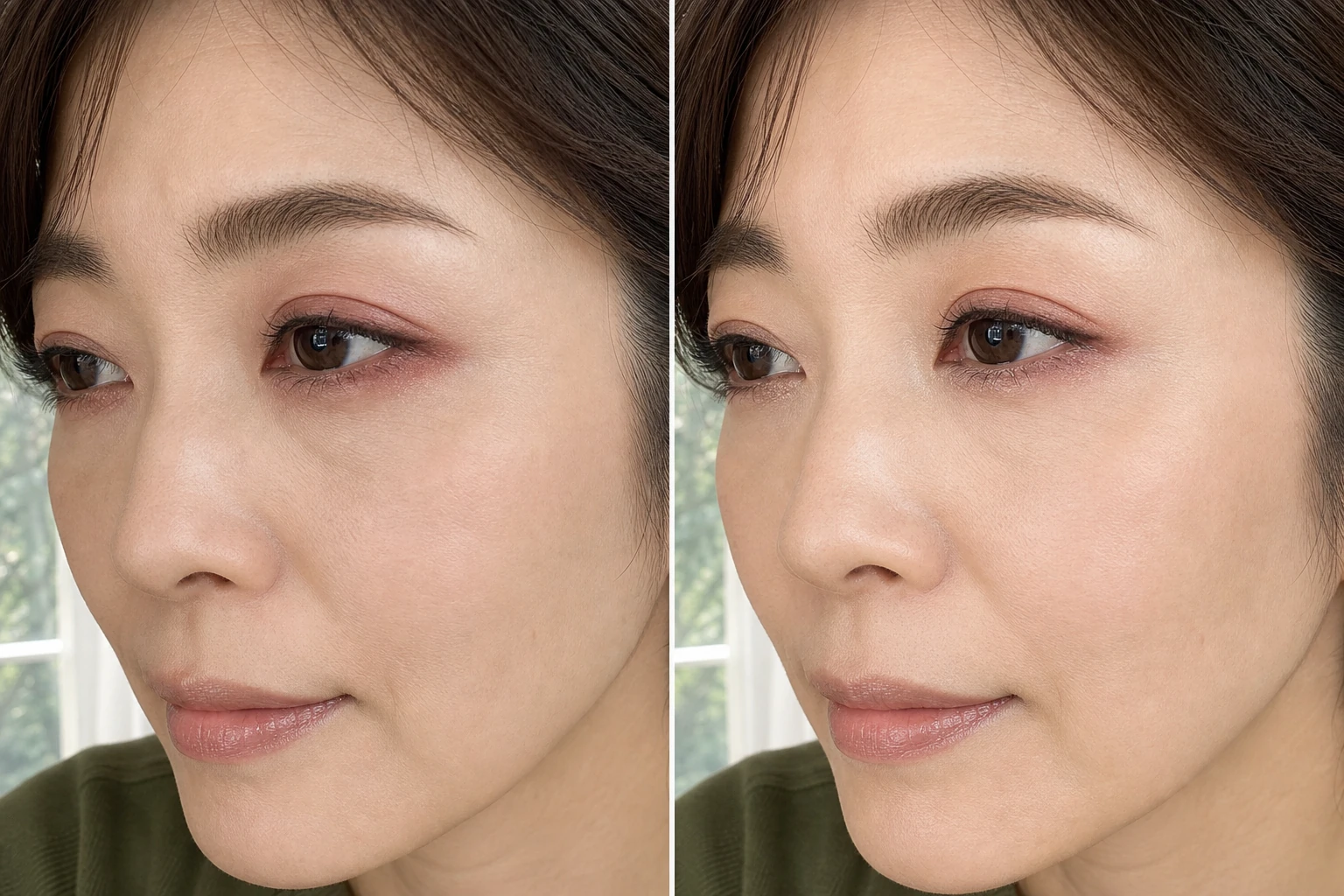 同じ成人女性の目元で下まぶた全体のローズブラウンと目頭を明るくして外側へ限定した色配置を左右に並べた比較