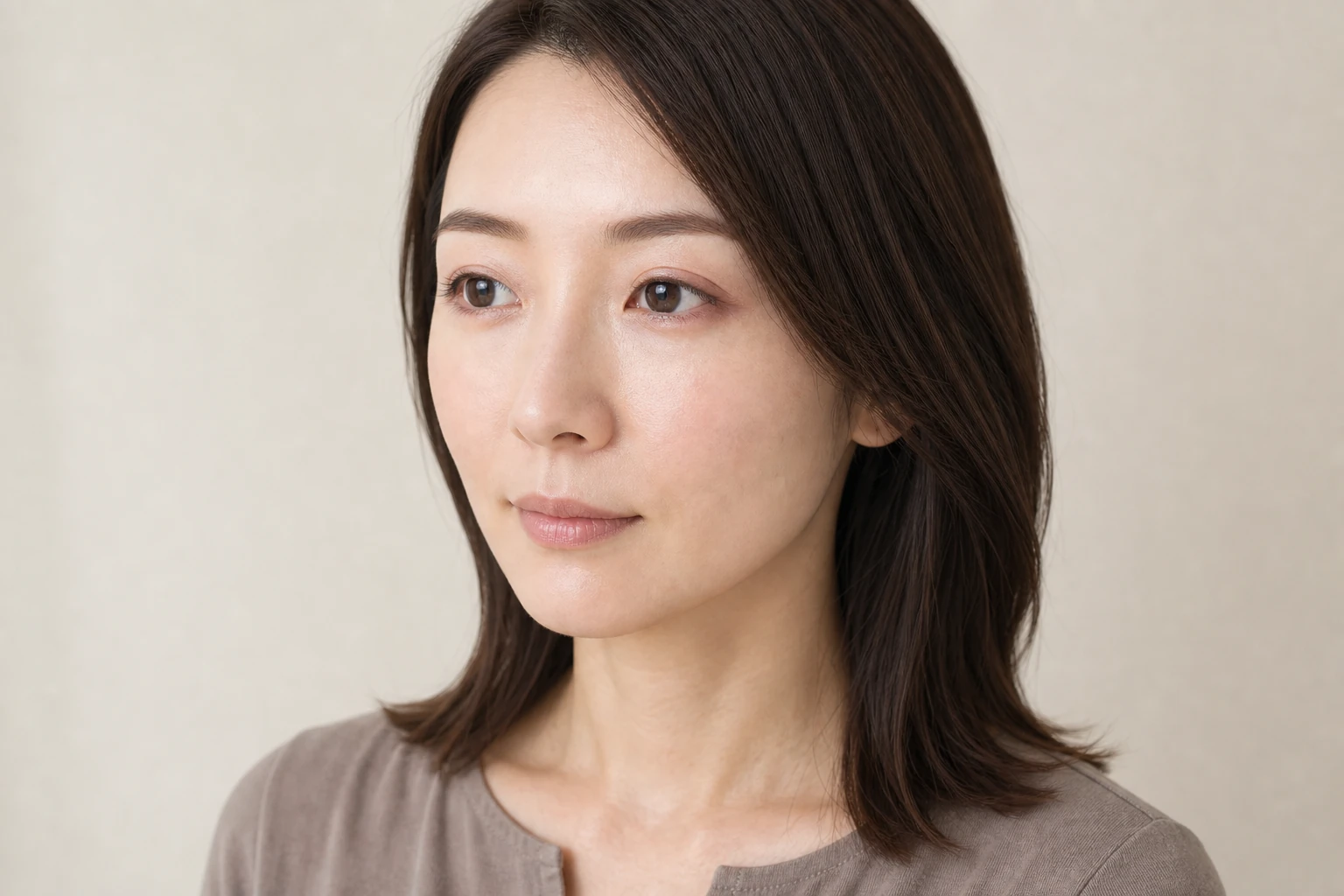 薄いベースメイクで頬の色むらを部分的に整えた成人女性の左三四分