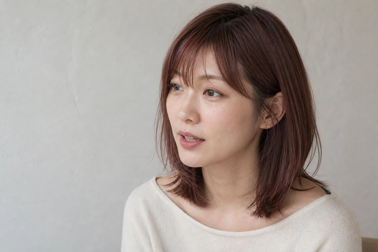 肩につくストレートレイヤーのピンクブラウンを右前方から近く見せる成人女性