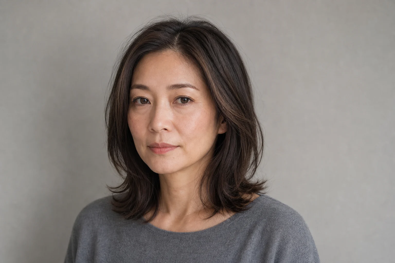鎖骨レイヤーとゆるいセンターパートを正面より少し左から見せる成人女性