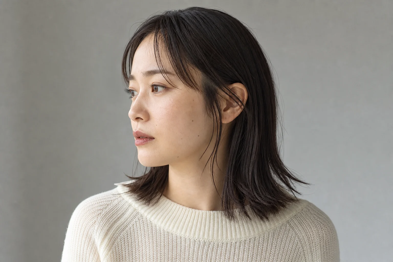 鎖骨ミディアムの頬骨からあごへつながる顔まわりの毛束を左横顔で見せる成人女性