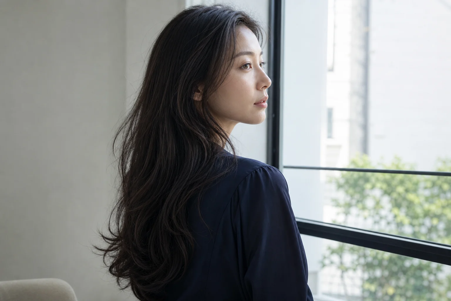 胸までのロングで頬から鎖骨へ低く流す毛束を後ろ三四分から見せる成人女性