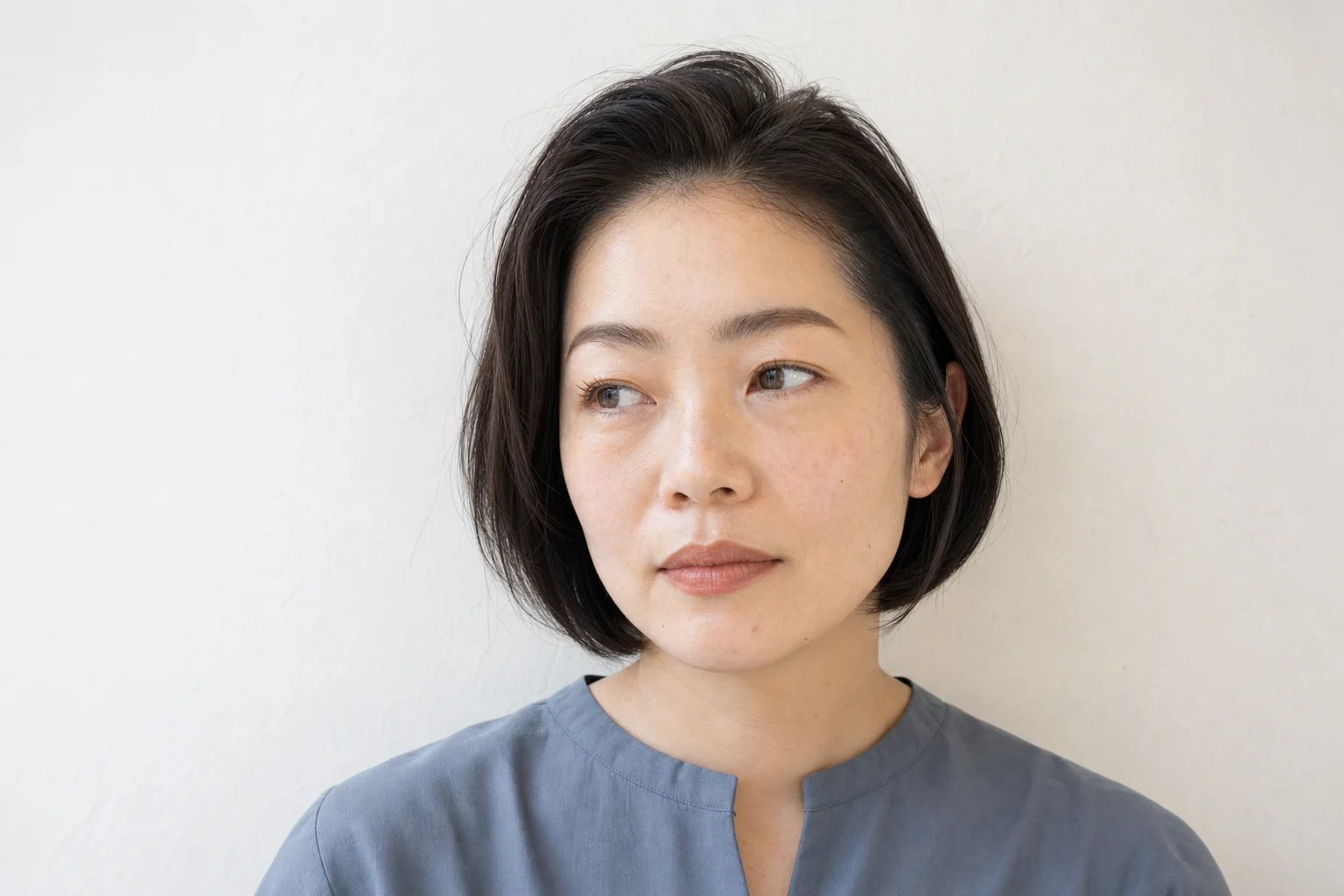 あご下ボブの生え際に小さな根元の立ち上がりを正面寄りから見せる成人女性