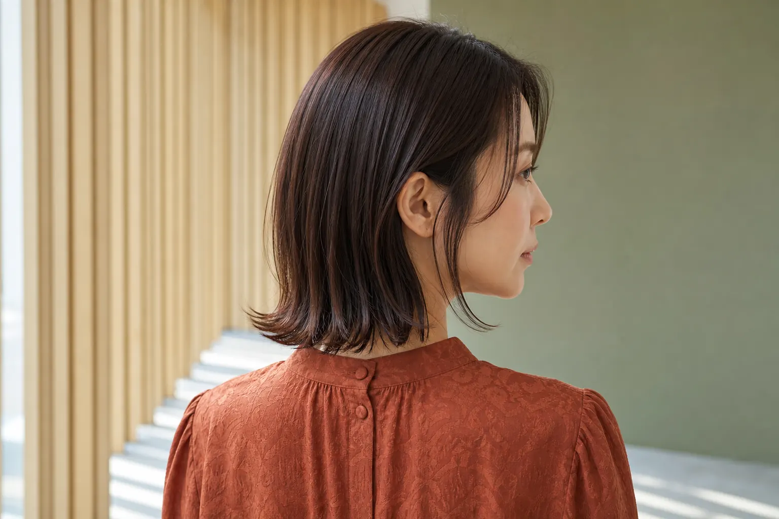 毛先を控えめに外ハネに巻いた肩上ボブ