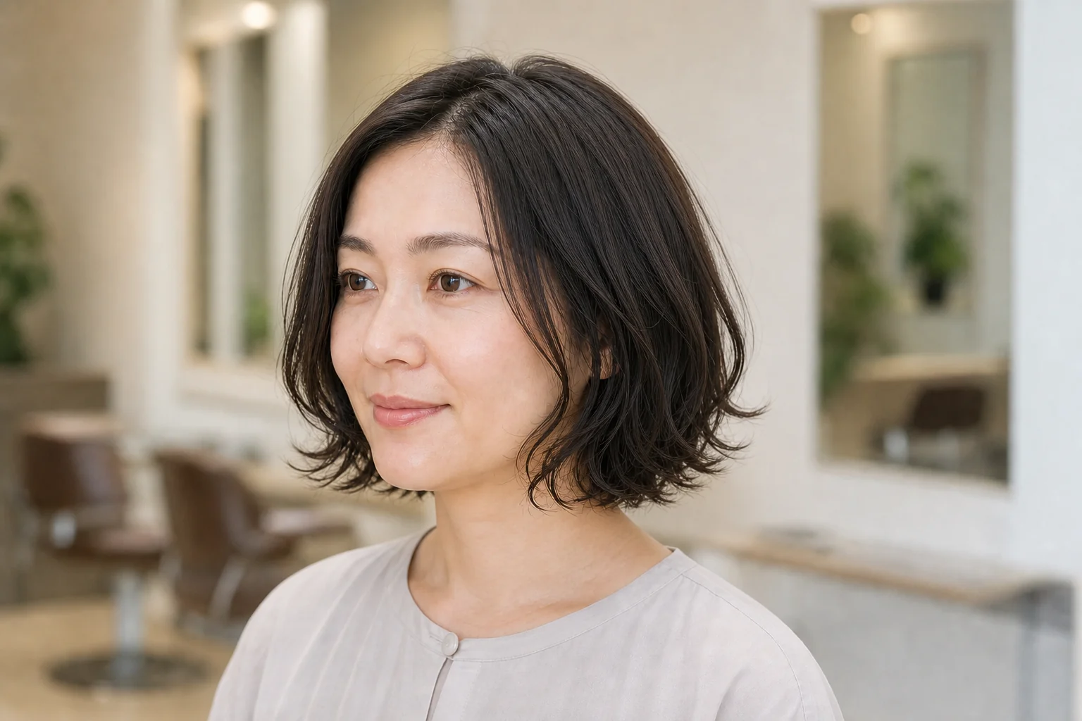 内向きと外向きの毛先を混ぜ束の間に空間をつくったパーマボブ