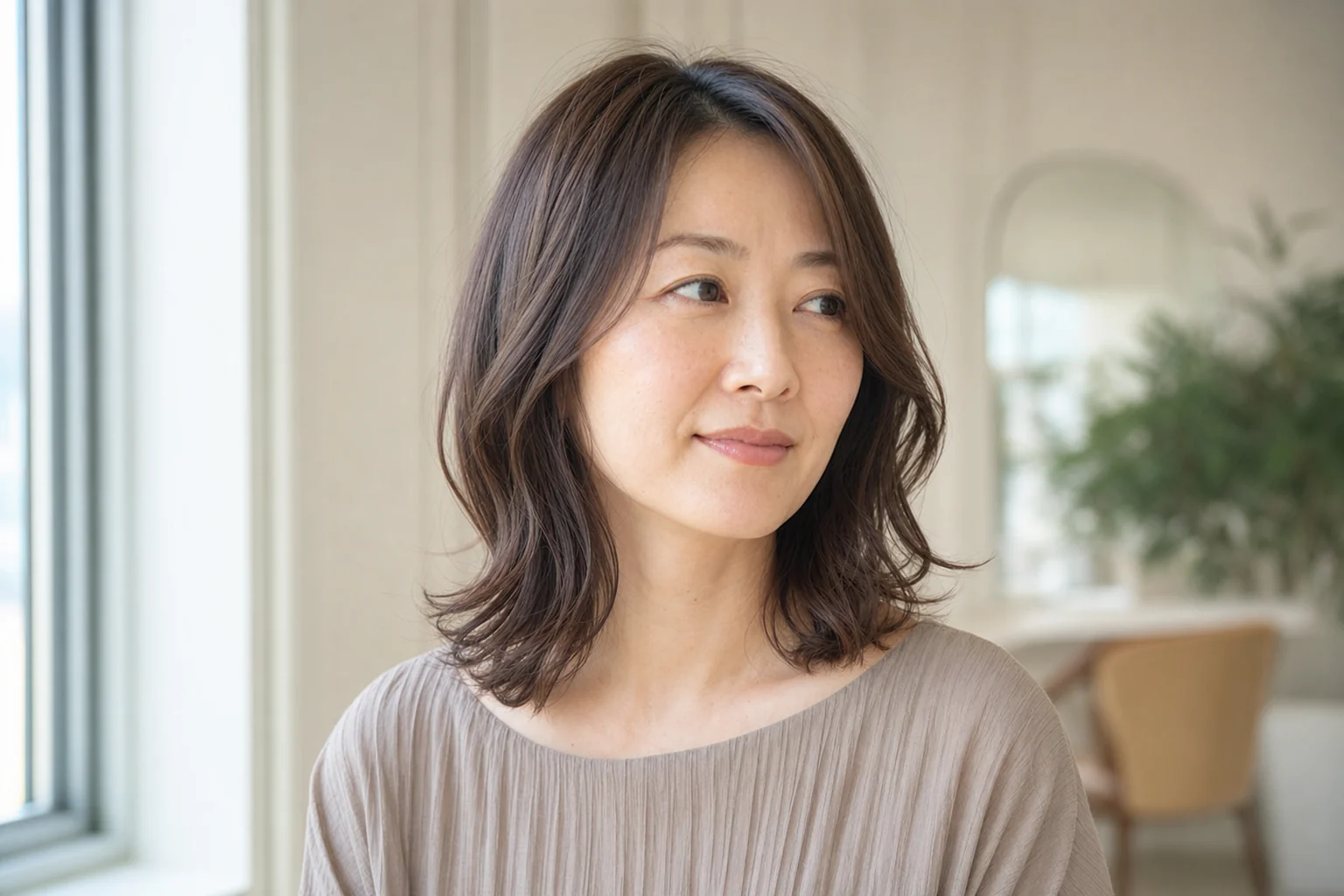 縦に落ちるゆるいウェーブを合わせた丸みのある顔立ちのミディアムヘア