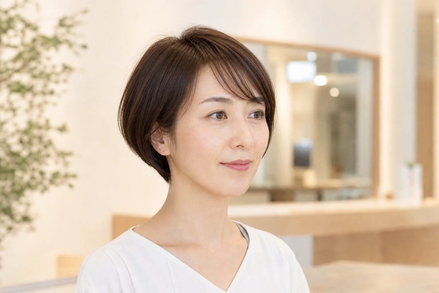 額に隙間をつくり斜めへ流した薄い前髪のショートボブ