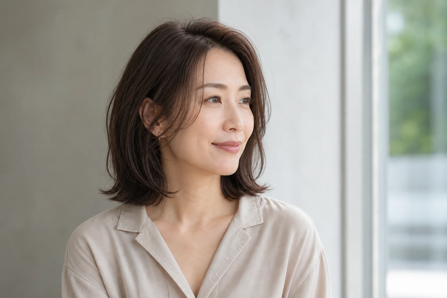 自然な縦長の顔立ちに顔まわりの動きを合わせた肩上ボブ