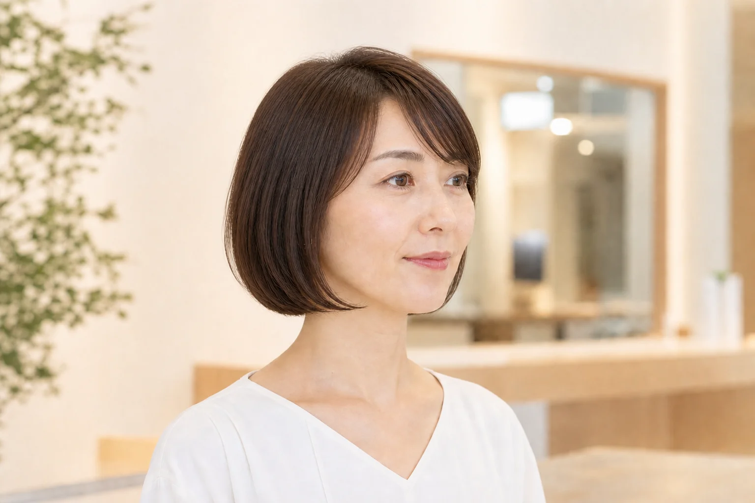 あご下にそろえた毛先と薄い流し前髪の端正なボブ