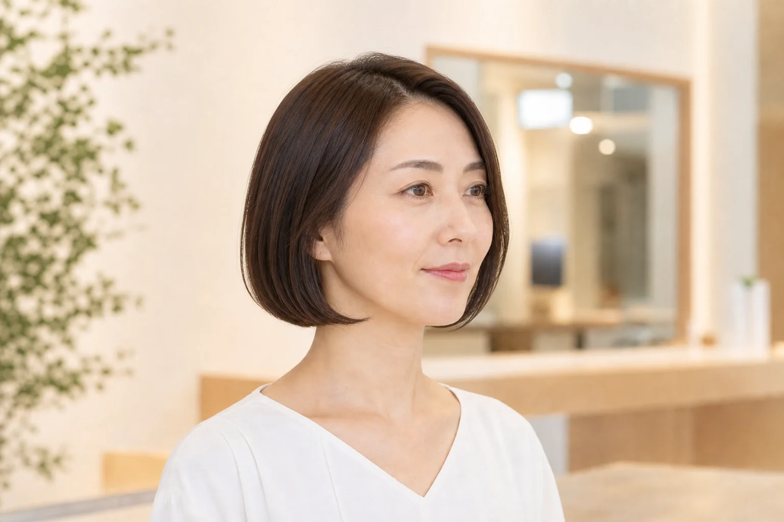 少しずらした分け目から頬骨とあごへ流した前髪なしボブ