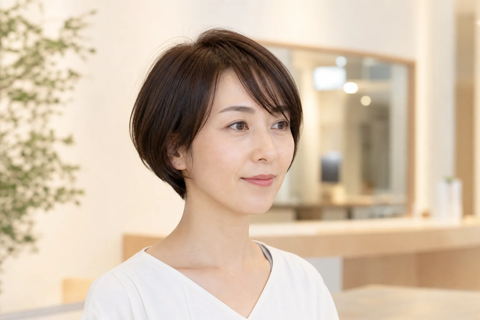 自然な縦長の顔立ちに薄い流し前髪と横の丸みを合わせたショートボブ