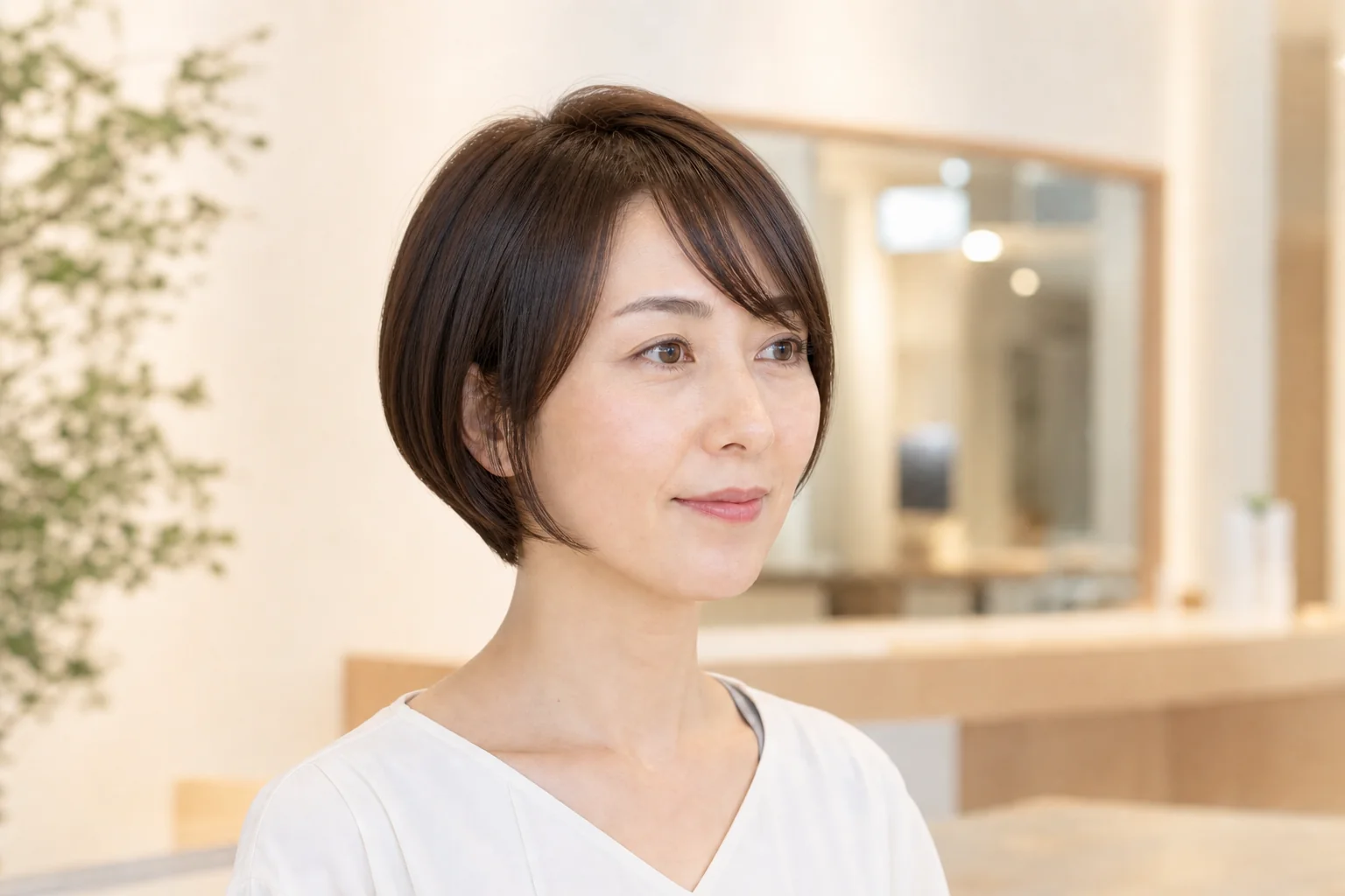 直線的な毛先ラインに顔まわりの小さな曲線を加えたショートボブ