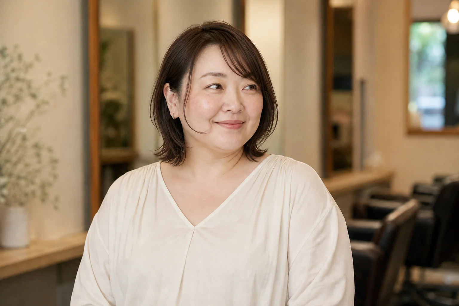 頬を覆わない少量の顔まわり毛束をこめかみからあごへ沿わせた肩上ヘア