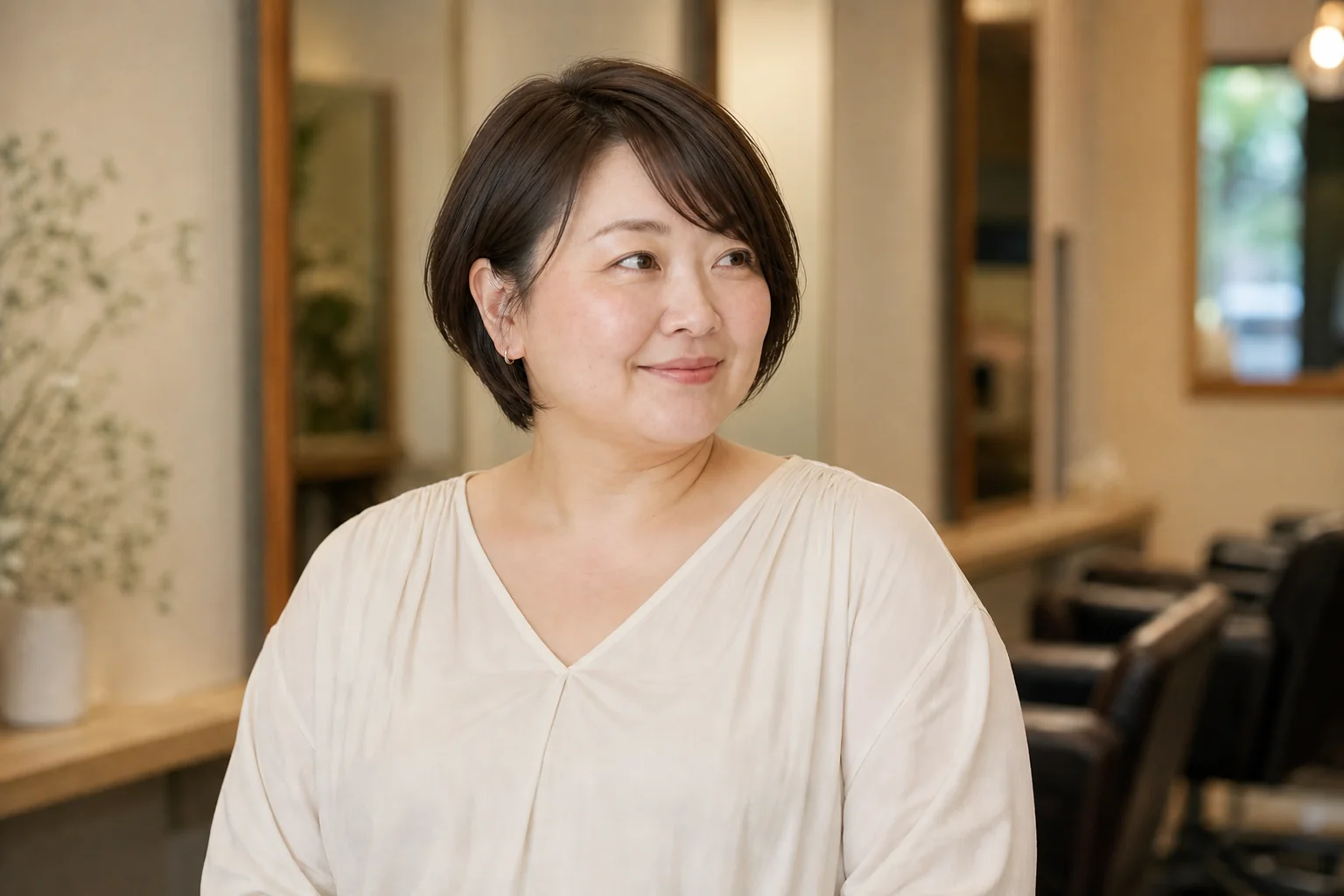低いトップと丸い後頭部、収まった襟足を組み合わせたダークブラウンのショート