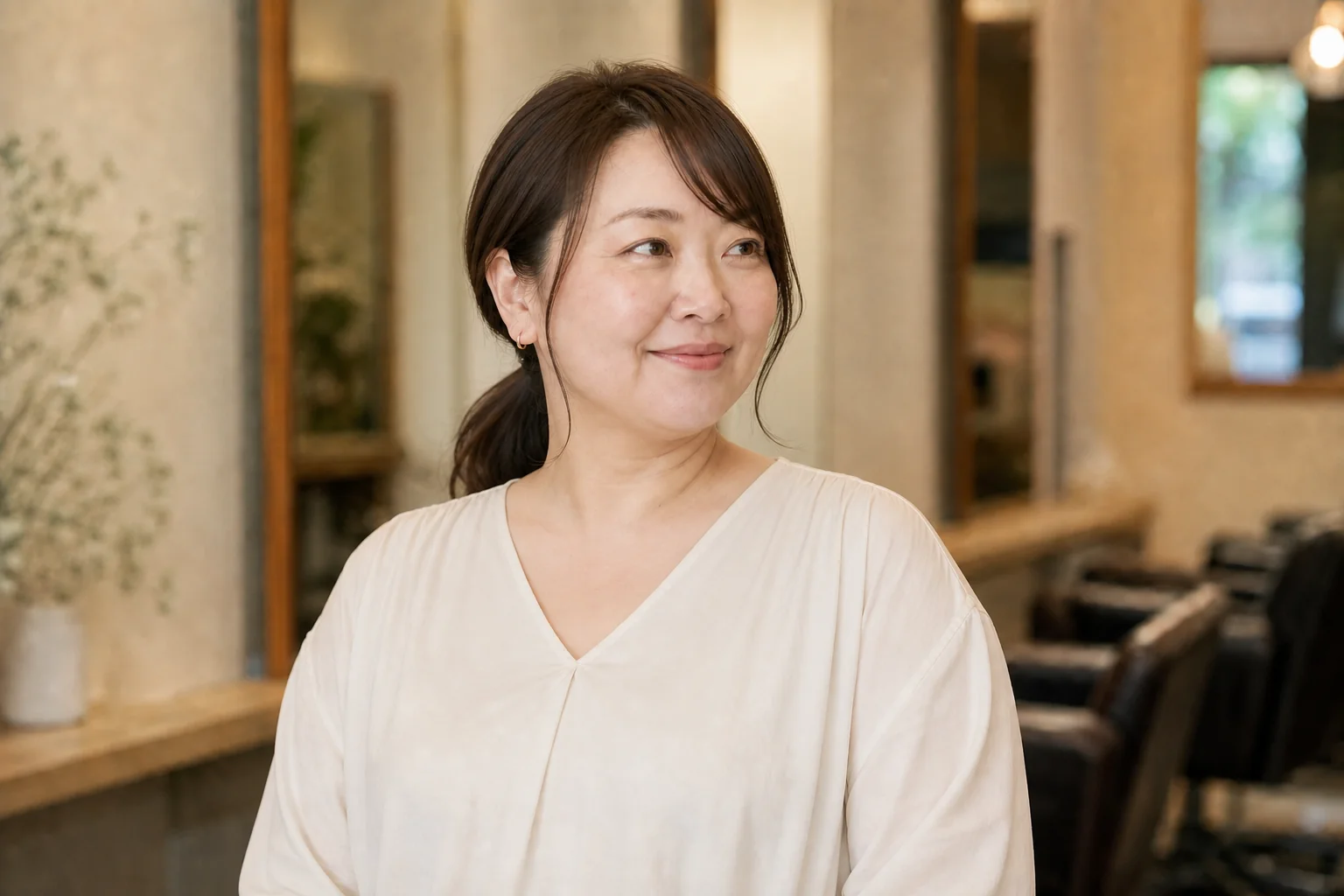 分け目を少しずらして顔まわり毛束を残した襟足位置の低め一つ結び