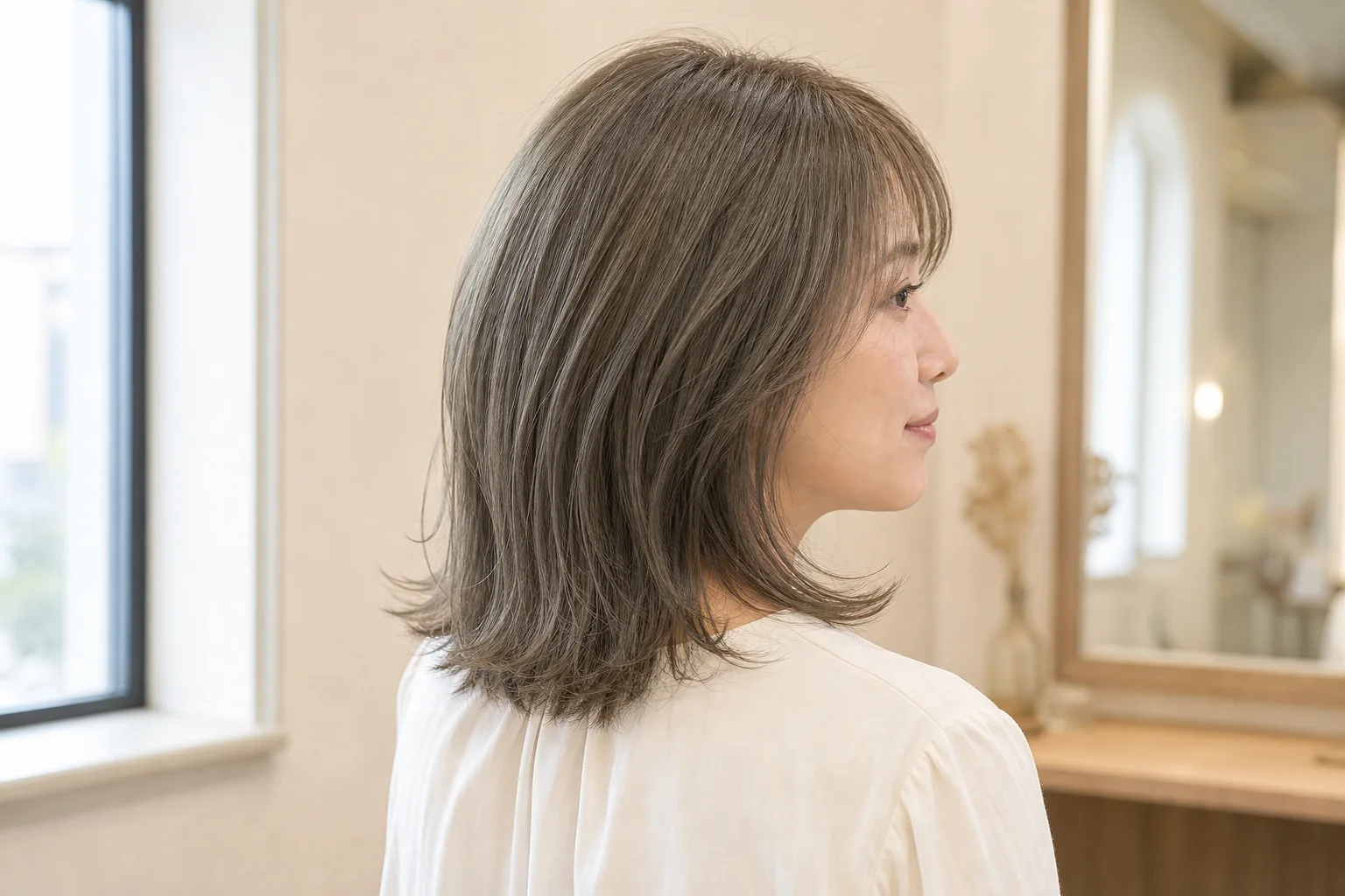 灰色とベージュを含む低彩度のオリーブグレージュに染めた鎖骨ミディアム