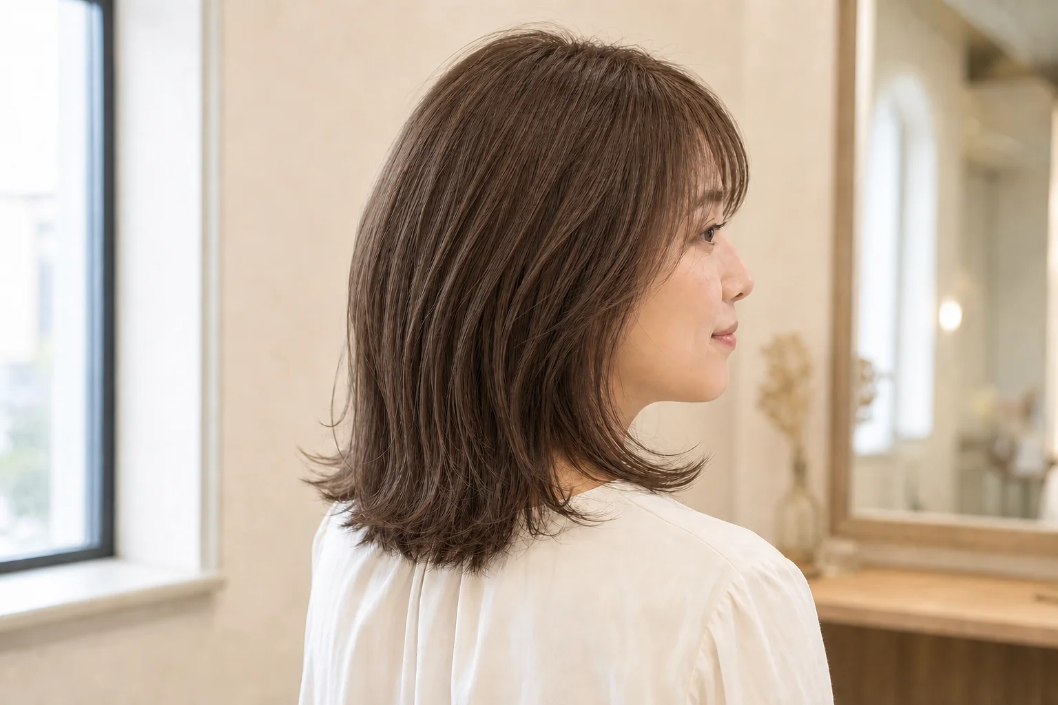 赤みを抑えた温かな中明度セピアブラウンに染めた鎖骨ミディアム