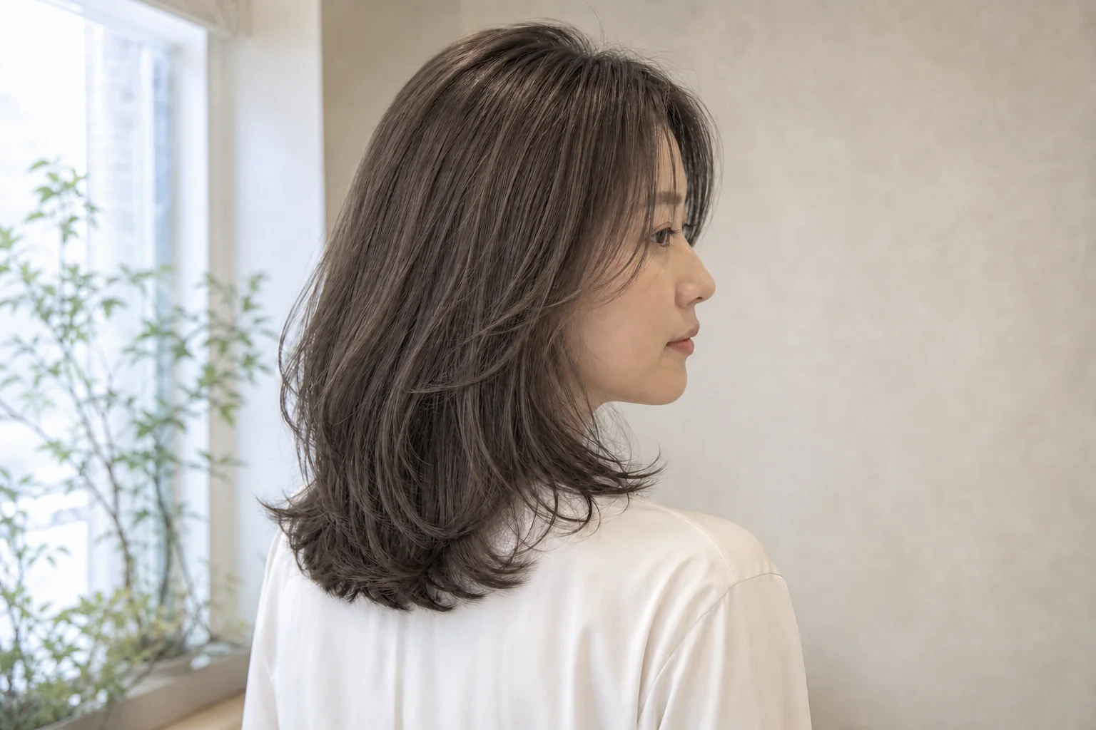 深い灰色とベージュを含む低彩度の暗めアッシュベージュの鎖骨ミディアム