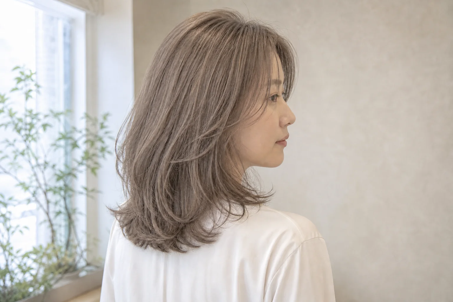 淡いスモーキーグレーと明るいベージュを重ねた軽やかなアッシュベージュ