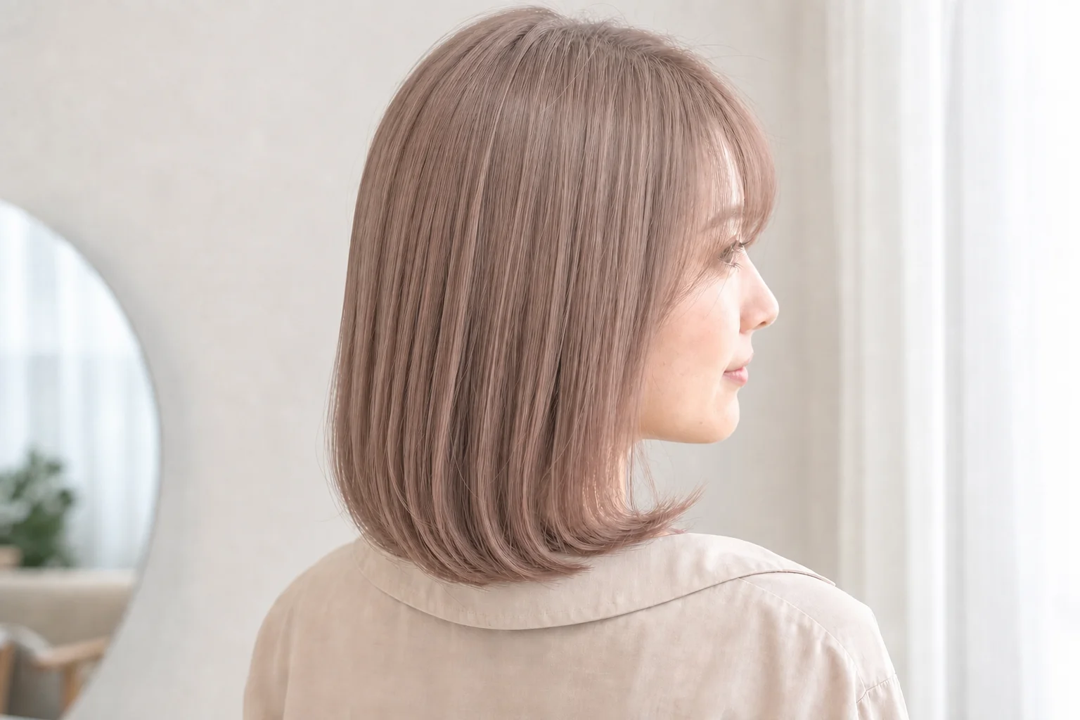明るいベージュブラウンに淡いピンクを感じる鎖骨ミディアム