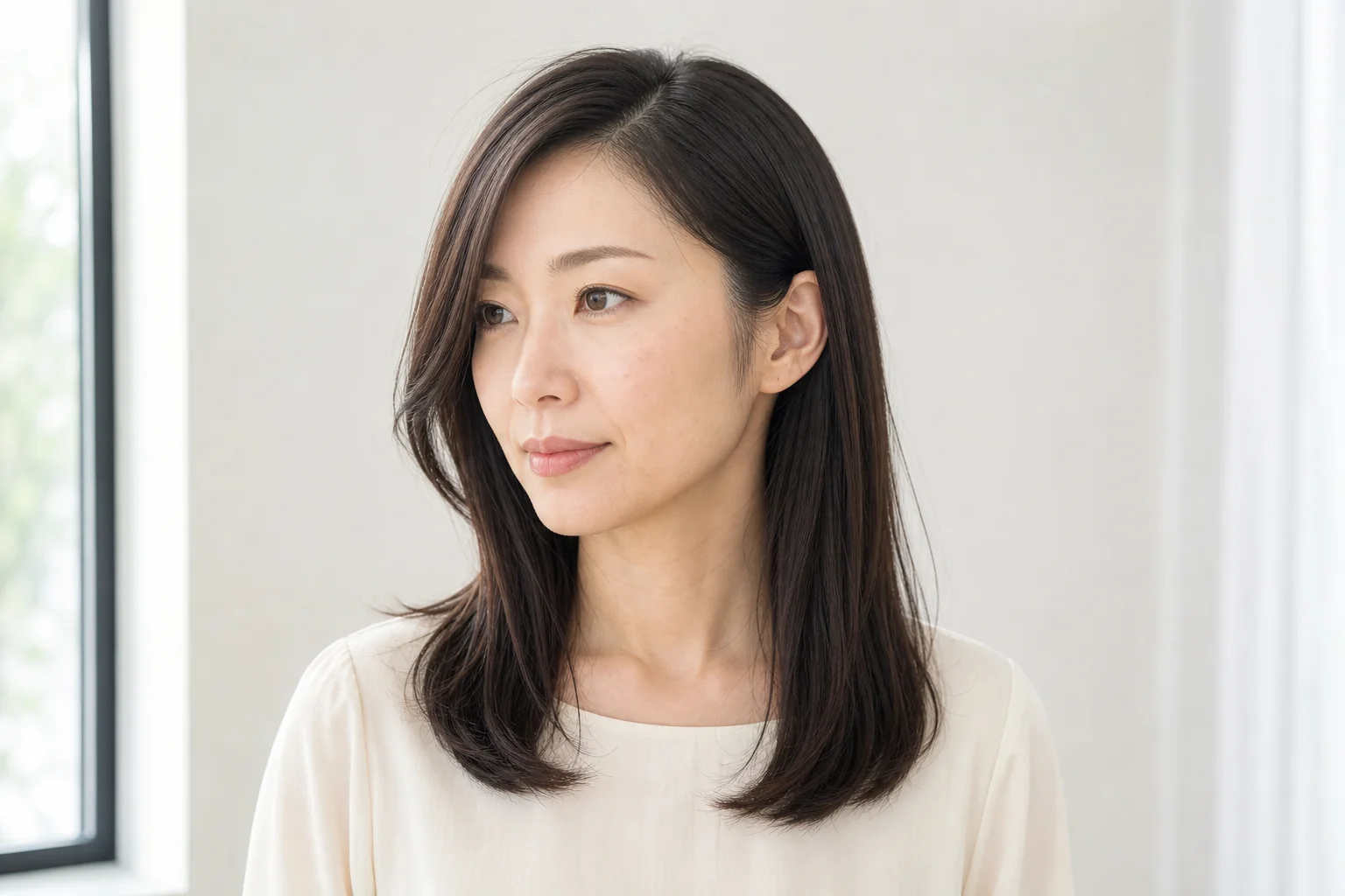 深いサイドパートで片側を耳にかけた胸上セミロングのストレート
