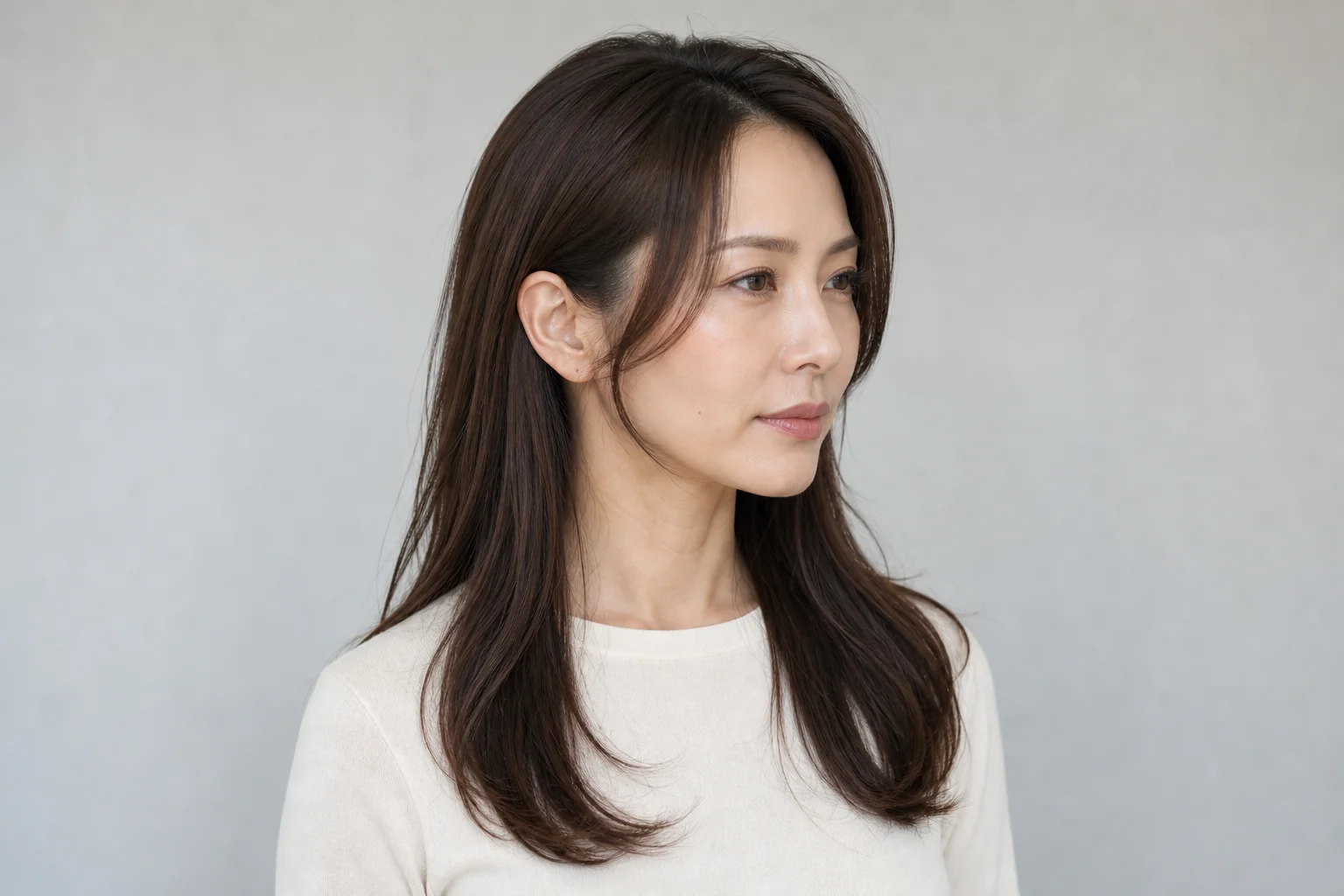 頬骨の外側へ長いサイドバングがかかる胸上ロングヘア