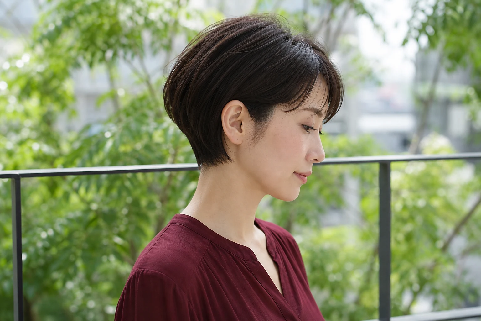 片側の髪を耳にかけ頬骨が見える後頭部に丸みのあるショートヘア