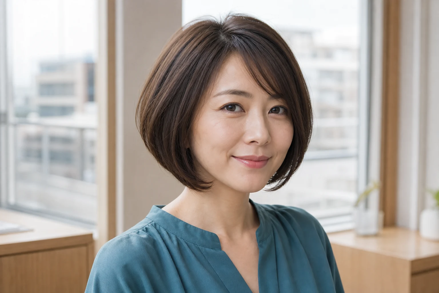 頬横に丸みがありあごへ向かって締まるひし形シルエットのボブ