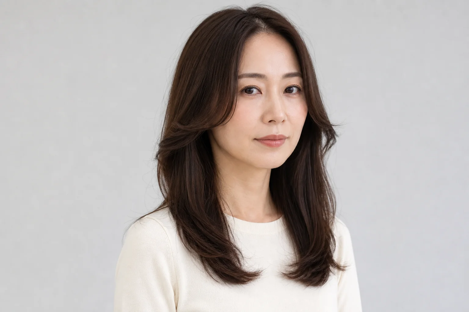 根元を高くしすぎず頬横へ長い前髪を流したセンターパートの胸上ロング