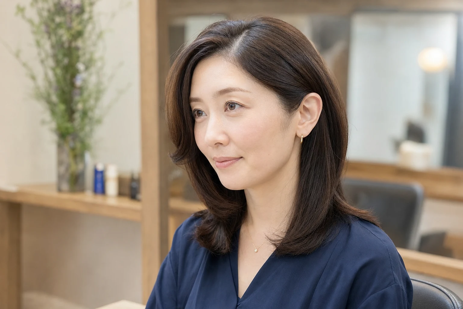 6対4の分け目で片側を耳にかけ反対側の耳横に丸みを出した肩下ヘア