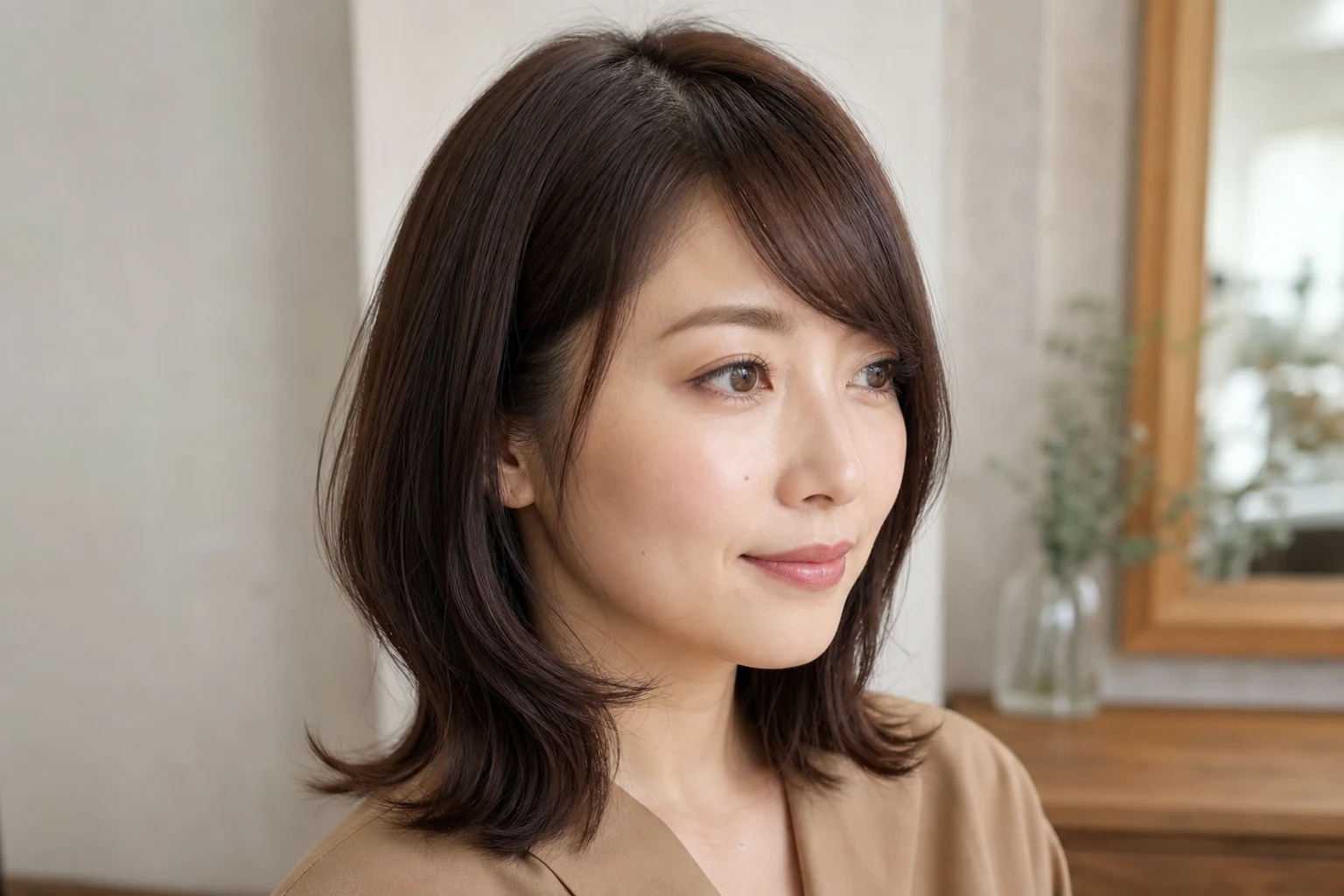 前髪を6対4に分けて片側へなだらかに流した肩下ダークブラウンヘア