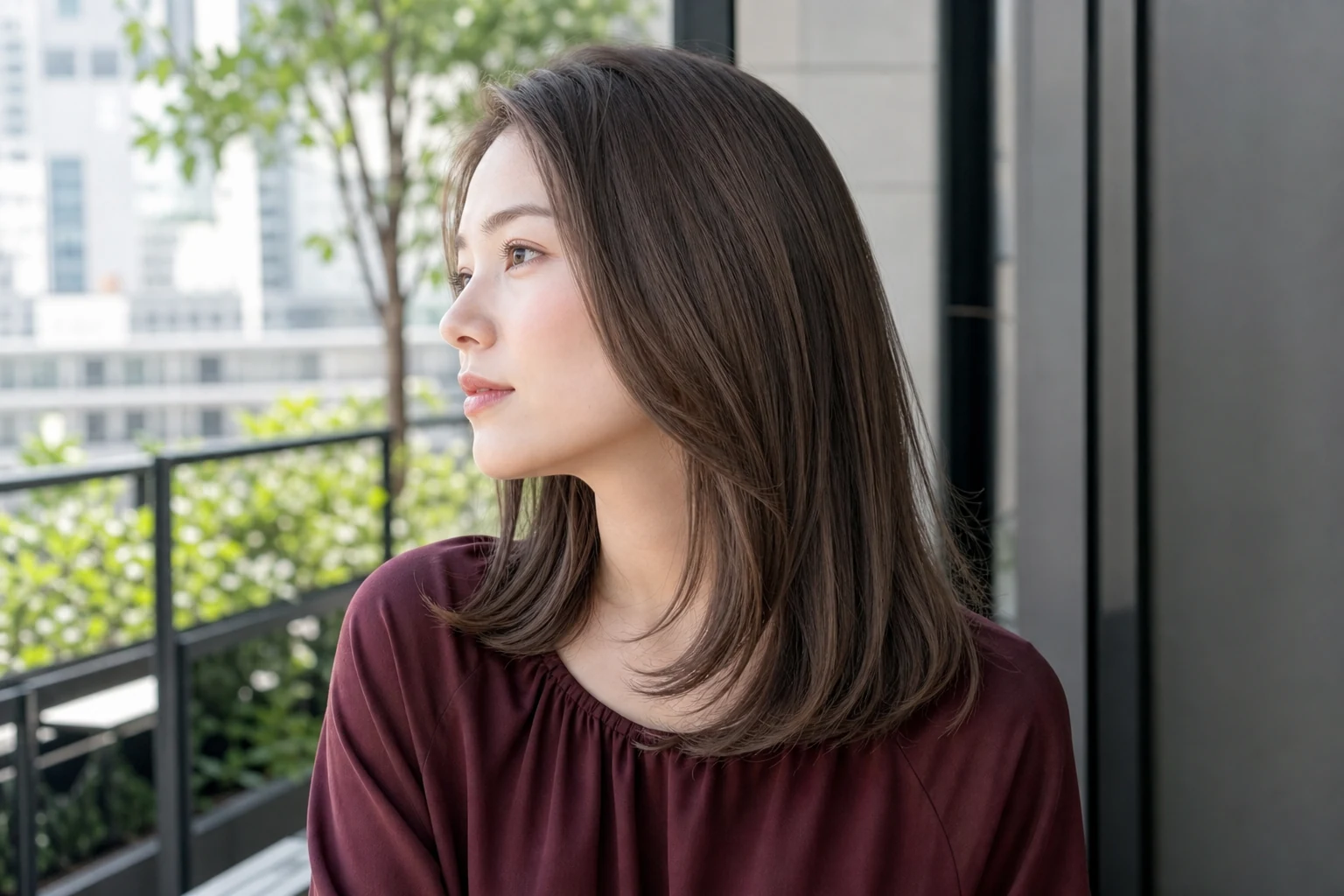 灰みを薄く重ねた落ち着いた中明度アッシュブラウンのストレートヘア