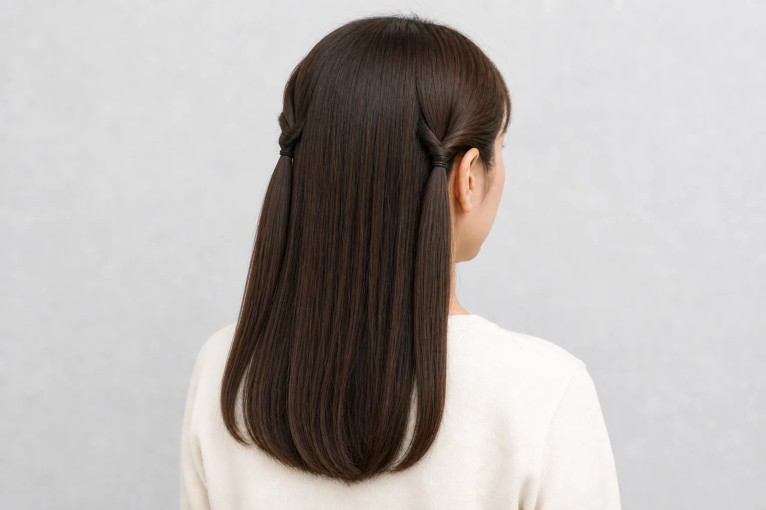 左右を別々に一回ずつくるりんぱし低い位置でそろえたハーフツインの後ろ姿