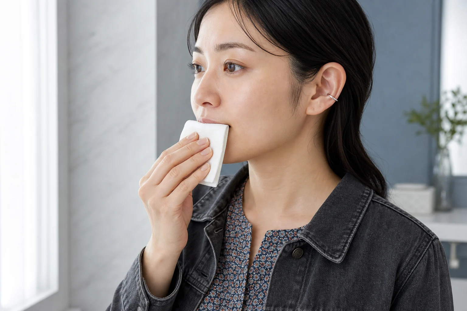 折った白いティッシュを閉じた唇へ軽く当てる成人女性の横顔