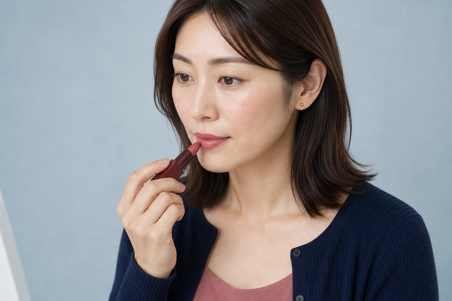 無銘のローズ色スティック口紅を下唇中央へ軽く当てる成人女性