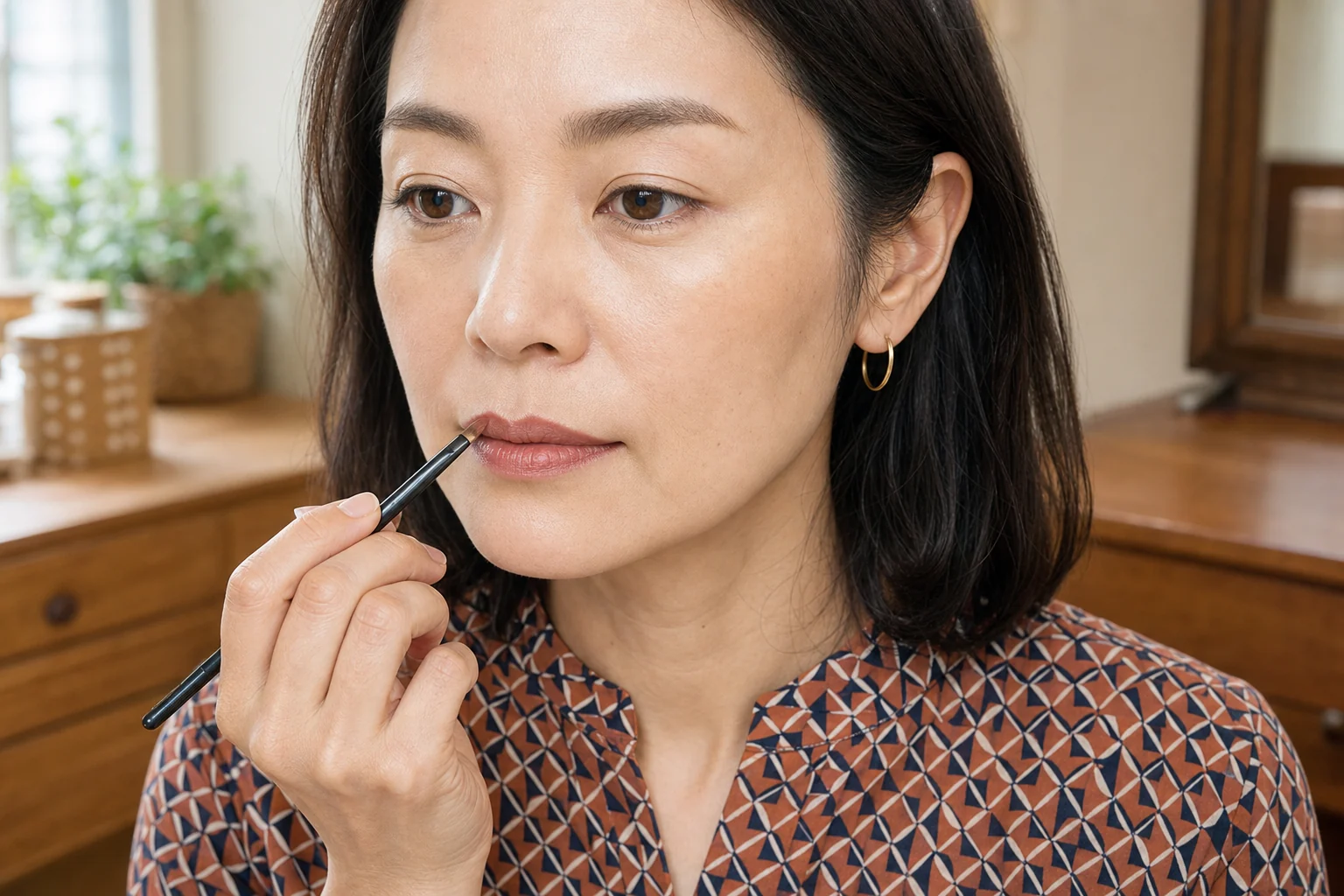 細いリップブラシの側面で上唇の口角近くを整える成人女性