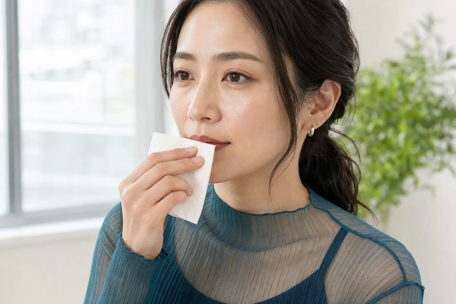 ローズブラウンを塗った閉じた唇へ白いティッシュを軽く当てる成人女性