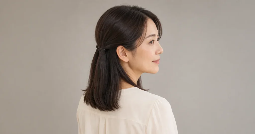 耳後ろの低い位置で左右別々に少量結んだ大人向けハーフツインの成人女性