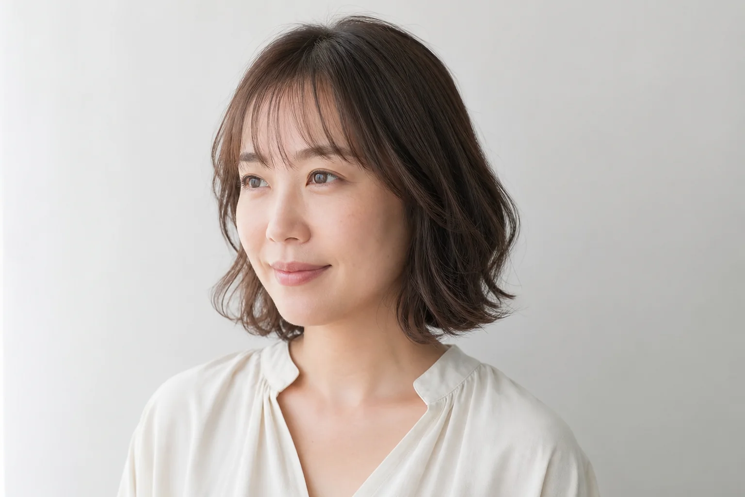 あご下のやわらかなウェーブボブに薄い前髪を合わせた成人女性