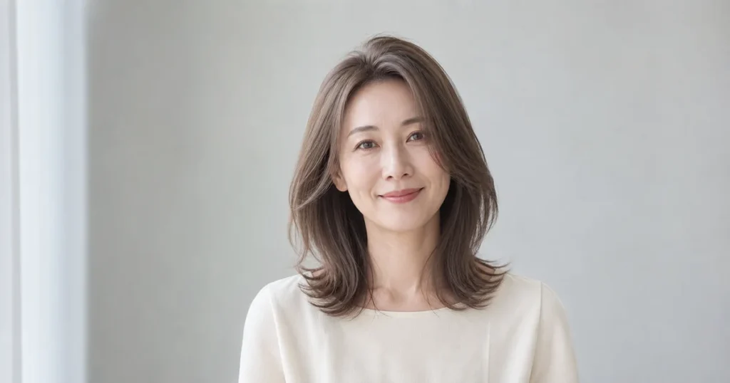 中明度のアッシュベージュを自然光で見せる成人女性