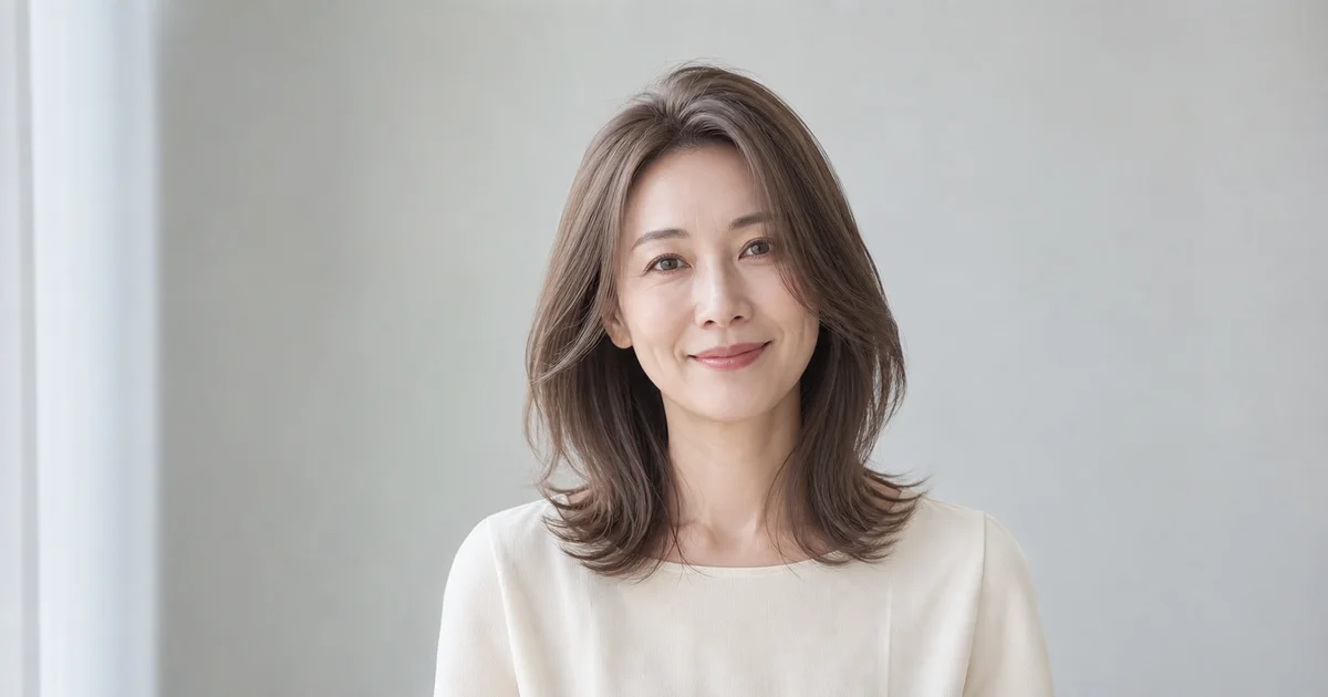中明度のアッシュベージュを自然光で見せる成人女性