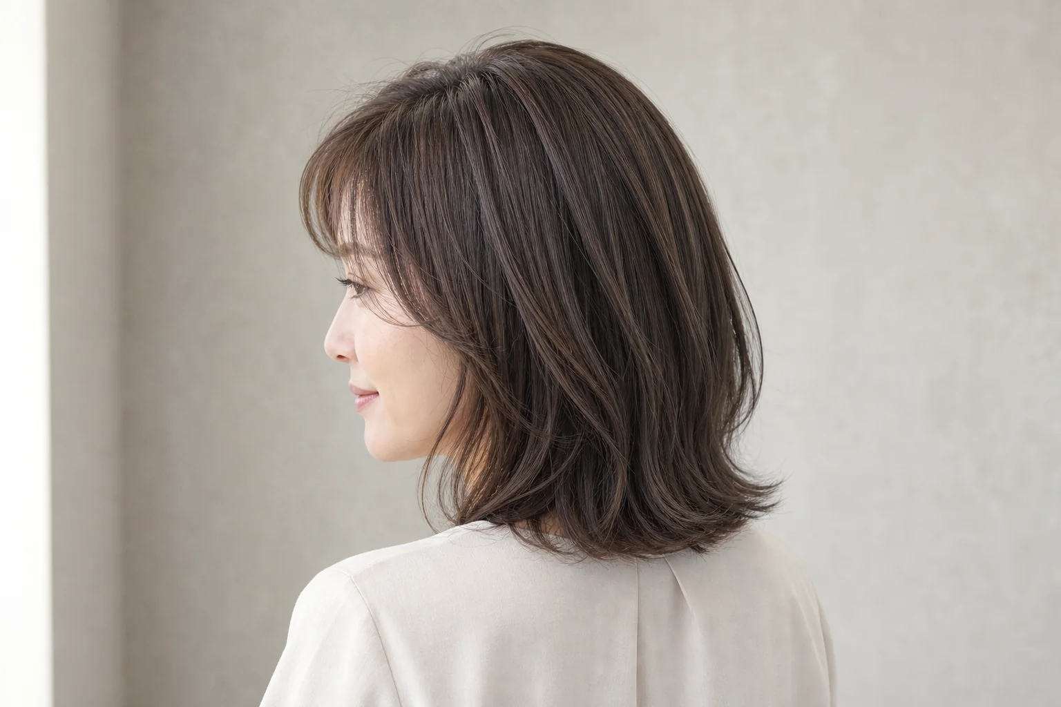 やわらかなベージュを含む中暗度グレージュの肩丈ロブ