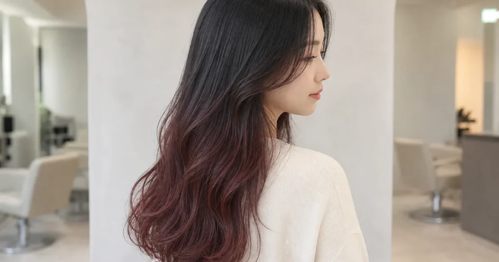 黒髪から深いボルドーブラウンへなだらかに変わるロングヘアの成人女性