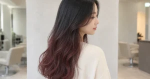 黒髪から深いボルドーブラウンへなだらかに変わるロングヘアの成人女性