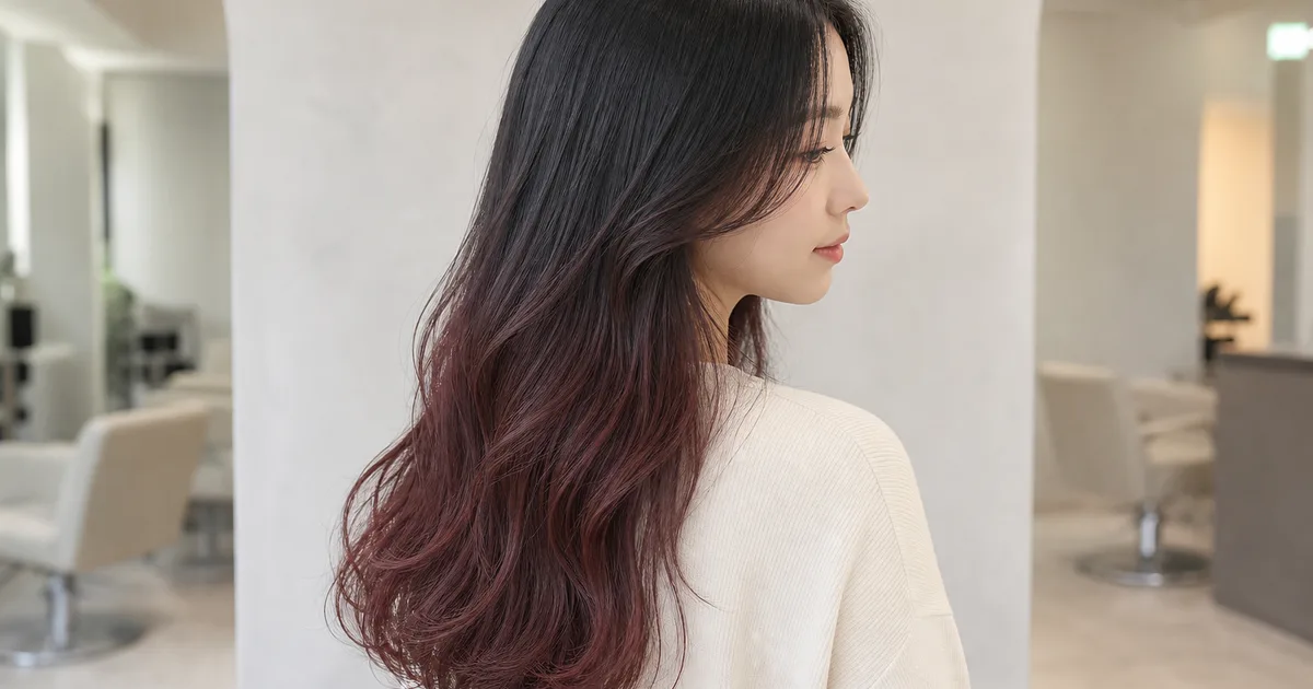 黒髪から深いボルドーブラウンへなだらかに変わるロングヘアの成人女性