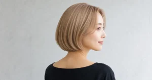 ベージュブロンドの丸みボブを自然光で見せる成人女性