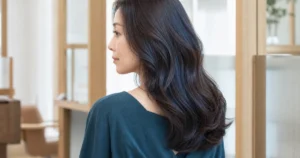 青みの反射が見えるブルーブラウンのロングウェーブを横から見せる成人女性