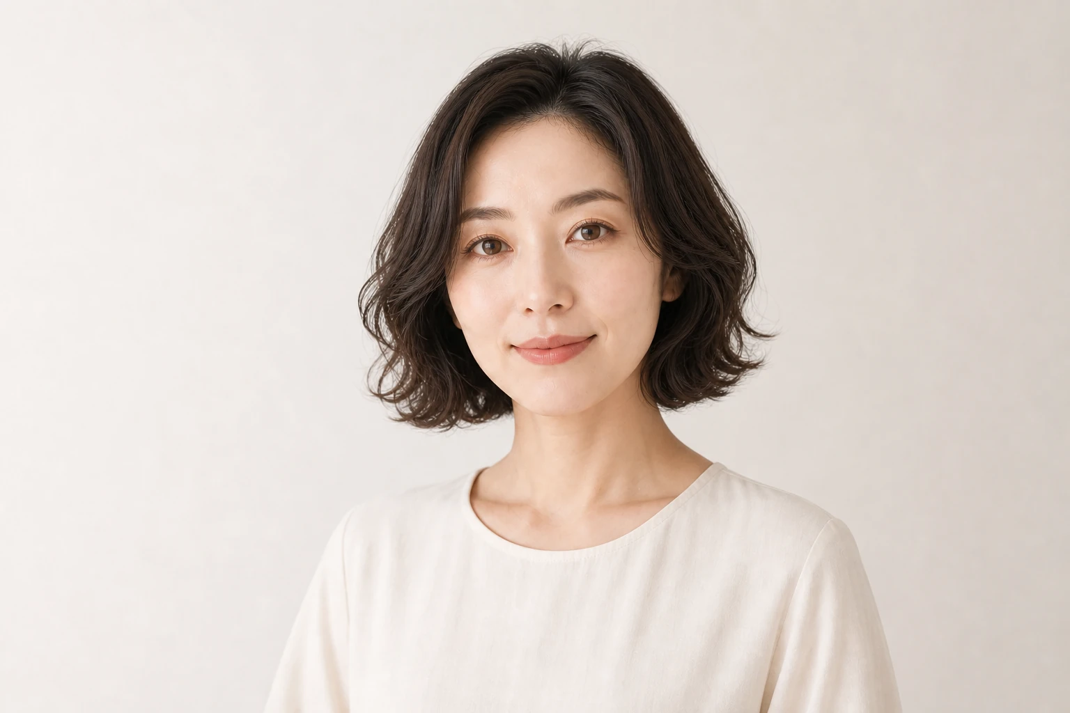 暗いブラウンの顎下ボブに大きくゆるいウェーブをつけた成人女性